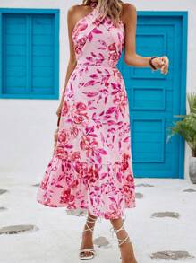 Breezaya Floral Print Halter Neck Backless Ruffle Hem Dress Maxi Vacation Beach Outfits Women - Pink - View 4