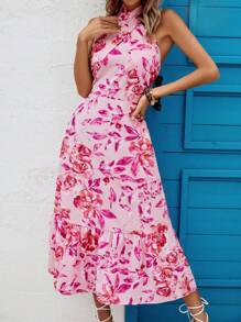 Breezaya Floral Print Halter Neck Backless Ruffle Hem Dress Maxi Vacation Beach Outfits Women - Pink - View 6