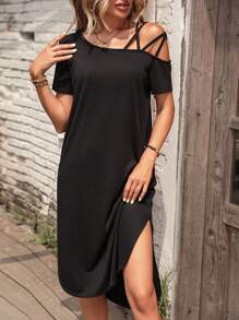 SHEIN LUNE Solid Asymmetrical Neck Tee Dress - Black - View 1