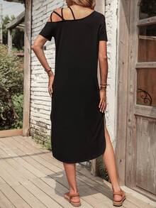 SHEIN LUNE Solid Asymmetrical Neck Tee Dress - Black - View 2