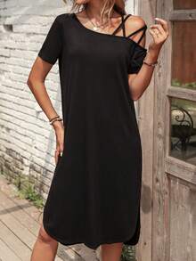 SHEIN LUNE Solid Asymmetrical Neck Tee Dress - Black - View 3