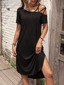 SHEIN LUNE Solid Asymmetrical Neck Tee Dress - Black - View 6