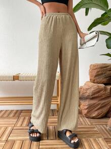 SHEIN Essnce Quần nữ màu trơn Giải trí - Màu Khaki - Xem 3