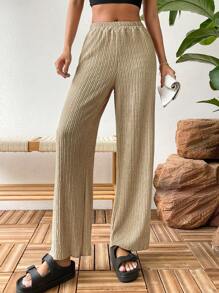 SHEIN Essnce Quần nữ màu trơn Giải trí - Màu Khaki - Xem 4