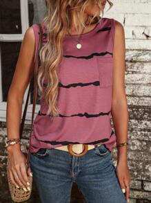 SHEIN LUNE 条纹印花口袋贴片背心图案 T 恤女式上衣 - 紅木色 - 查看 3