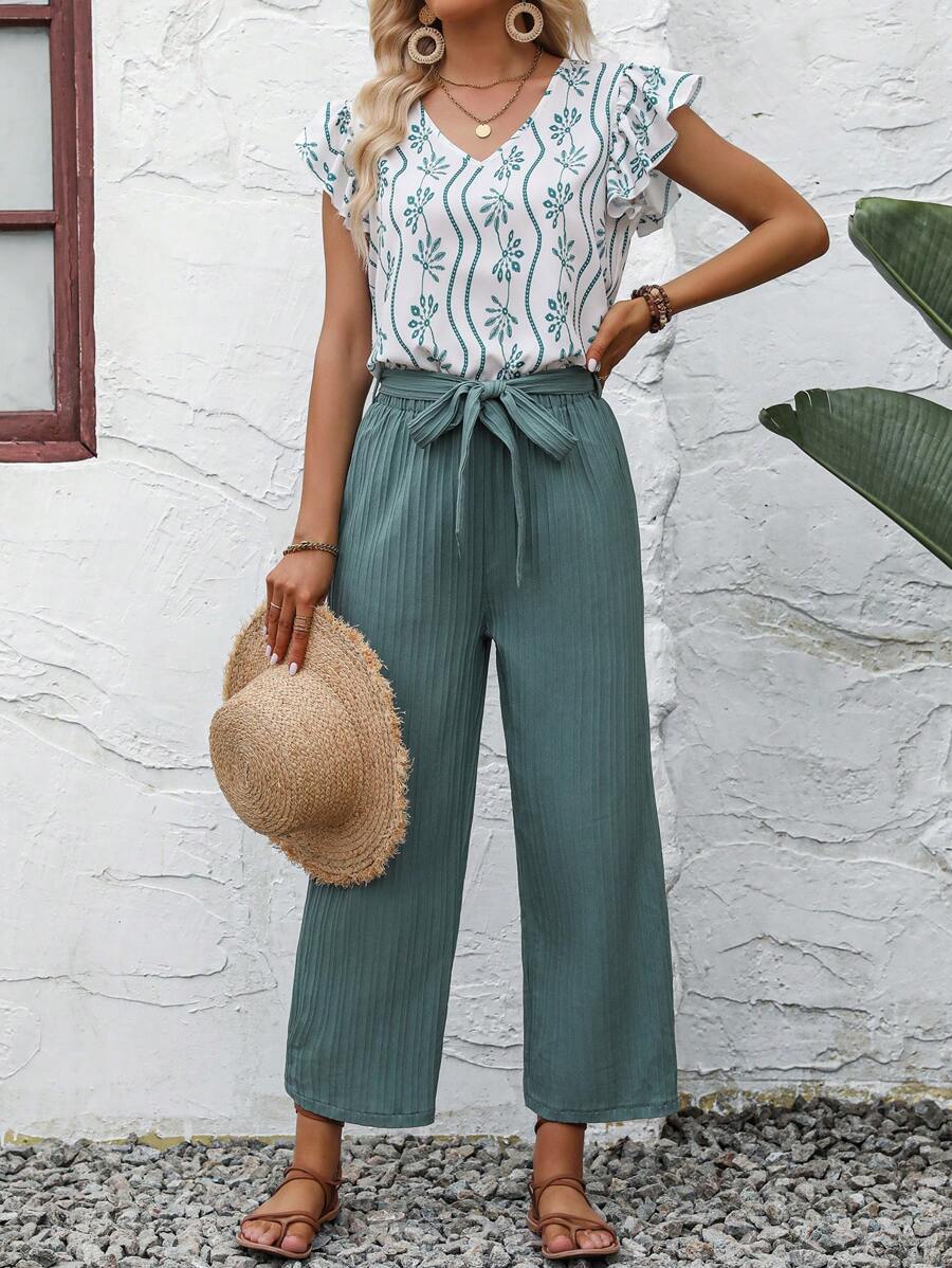 SHEIN LUNE Plants Print Off Shoulder Top & Wide Leg Trousers - Multicolor - View 1