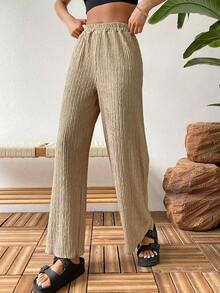 SHEIN Essnce Quần nữ màu trơn Giải trí - Màu Khaki - Xem 6