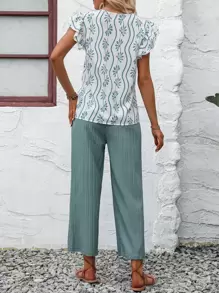 SHEIN LUNE Plants Print Off Shoulder Top & Wide Leg Trousers - Multicolor - View 2