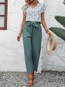 SHEIN LUNE Plants Print Off Shoulder Top & Wide Leg Trousers - Multicolor - View 6