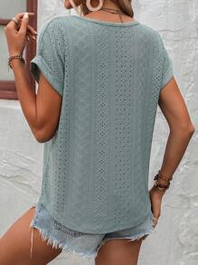SHEIN LUNE Eyelet Embroidery Batwing Sleeve Tee - Mint Green - View 2