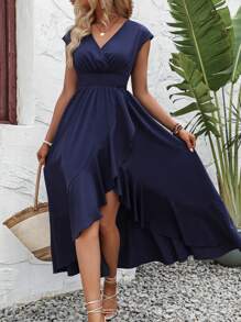 SHEIN Holidaya Đầm Maxi Viền Xếp Ly Trơn Trang Phục Đi Biển Cho Nữ - Màu xanh hải quân - Xem 3