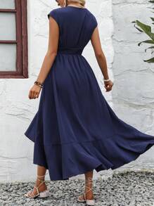 SHEIN Holidaya Đầm Maxi Viền Xếp Ly Trơn Trang Phục Đi Biển Cho Nữ - Màu xanh hải quân - Xem 2