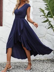 SHEIN Holidaya Đầm Maxi Viền Xếp Ly Trơn Trang Phục Đi Biển Cho Nữ - Màu xanh hải quân - Xem 5