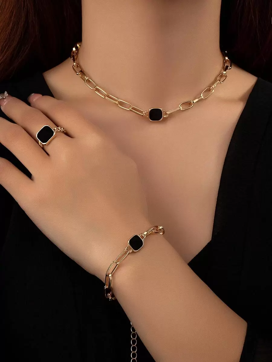 3 cái/bộ Bộ trang sức trang trí hình vuông thời trang dành cho nữ để trang trí hàng ngày - Vàng - Xem 1