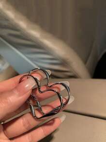 1 对时尚锌合金心形设计环形耳环，适合女士日常装饰情人节、妈妈、母亲、母亲节、礼物 - 銀色 - 查看 2