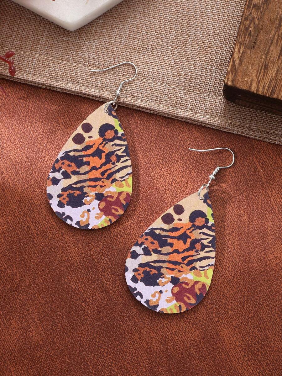 1對時尚PU聚氨酯豹紋圖案水滴形耳墜適合女士日常裝飾 - 彩色 - 查看 1