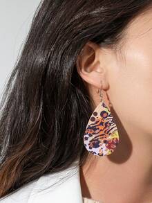 1對時尚PU聚氨酯豹紋圖案水滴形耳墜適合女士日常裝飾 - 彩色 - 查看 2