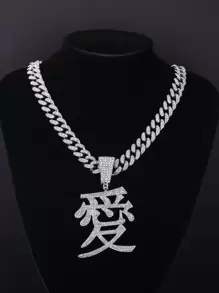 1入組嘻哈奢華鋅合金水鑽漢字吊墜項鏈適合女士男士日常裝飾完美首飾類禮品適合派對 - 銀色 - 查看 1