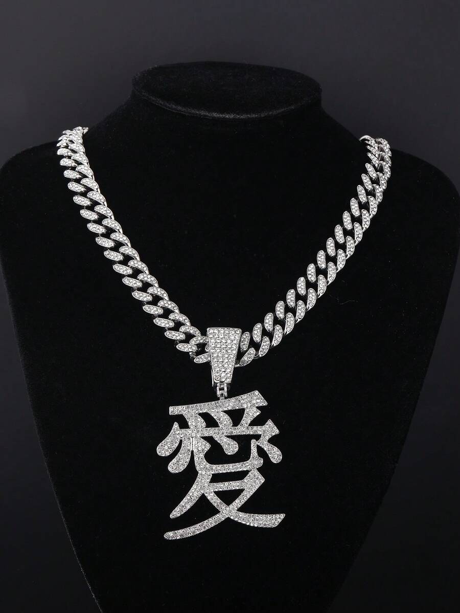 1入組嘻哈奢華鋅合金水鑽漢字吊墜項鏈適合女士男士日常裝飾完美首飾類禮品適合派對 - 銀色 - 查看 1