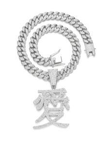 1入組嘻哈奢華鋅合金水鑽漢字吊墜項鏈適合女士男士日常裝飾完美首飾類禮品適合派對 - 銀色 - 查看 4