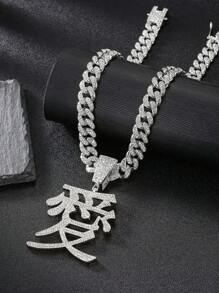 1入組嘻哈奢華鋅合金水鑽漢字吊墜項鏈適合女士男士日常裝飾完美首飾類禮品適合派對 - 銀色 - 查看 5