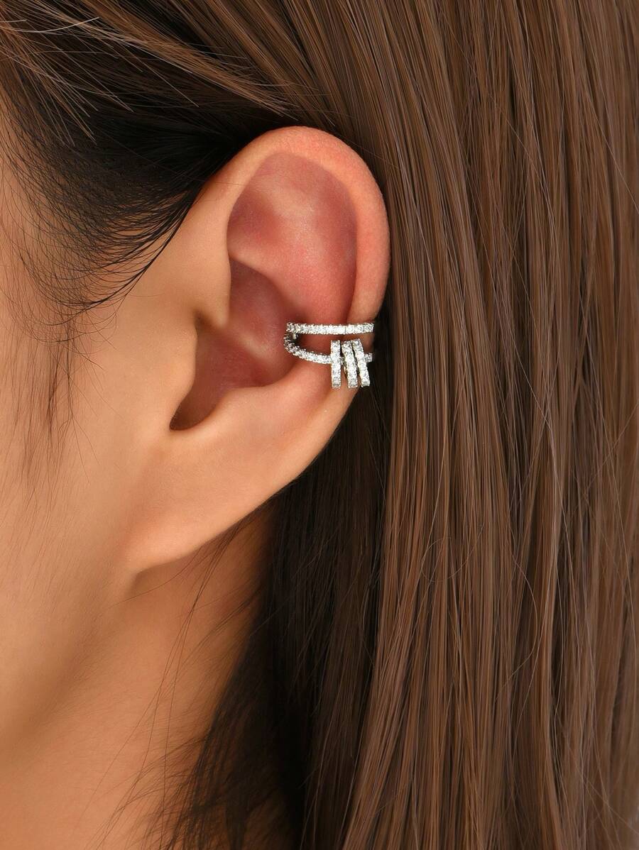 1pc Glamorous Cubic Zirconia Decor Ear Cuff For Women For Daily Decoration Copper Jewelry - Silver - View 1