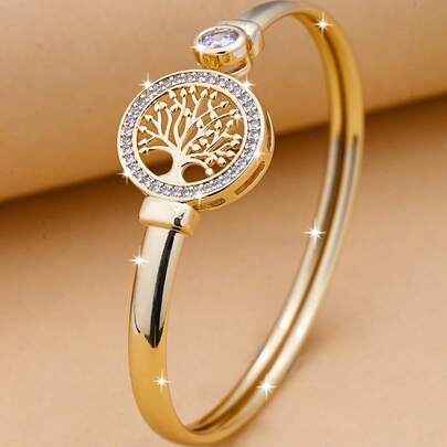 KKCOLA 1入組時尚銅方晶鋯石裝飾樹細節開口手鐲適合女士適用於日常生活銅首飾類