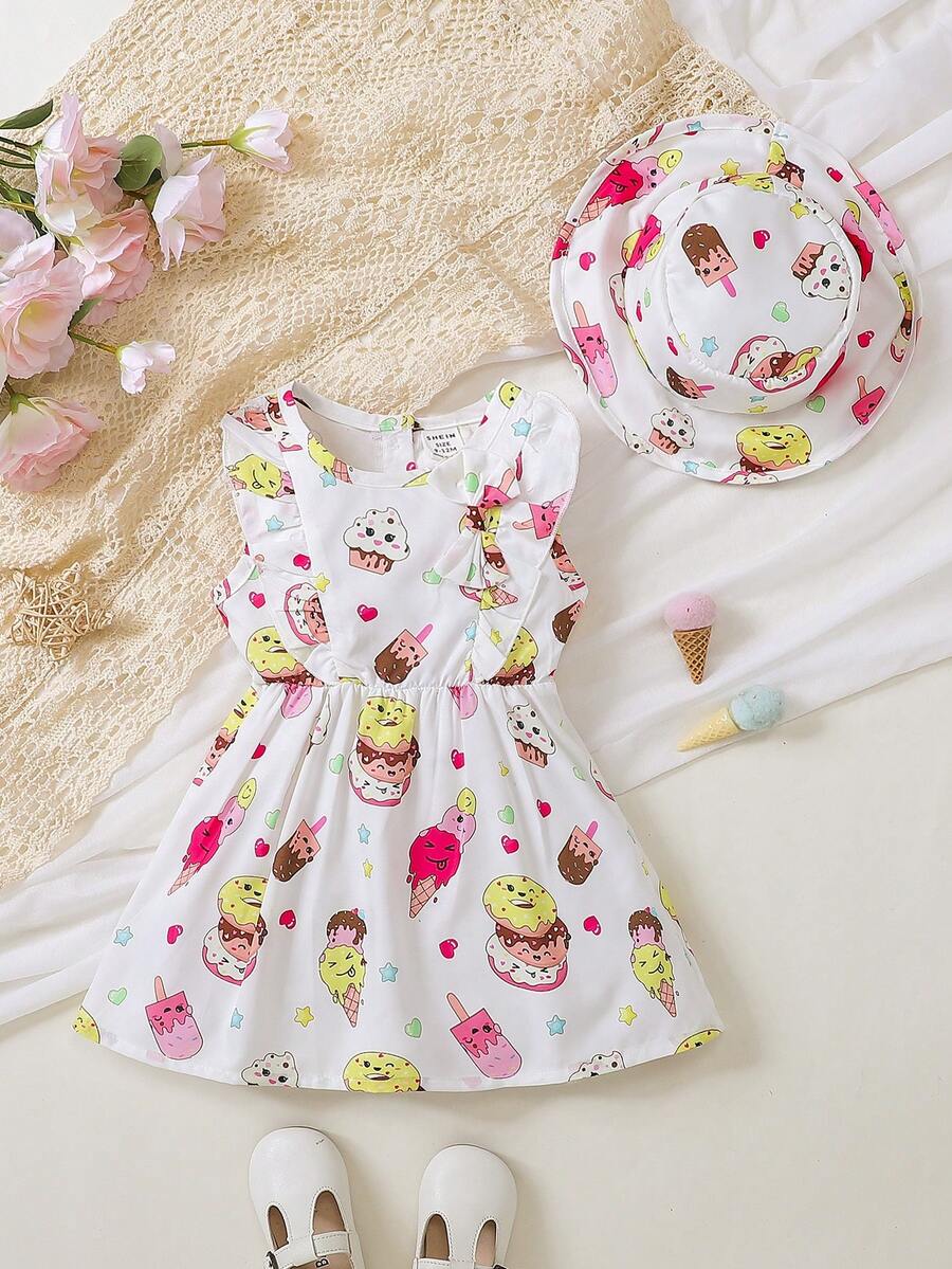 SHEIN Bebé Vestido con estampado de dibujos animados ribete con fruncido - Blanco - Ver 1