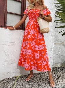 Breezaya Floral Print Off Shoulder Ruffle Trim Dress - Burnt Orange - View 4