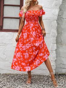 Breezaya Floral Print Off Shoulder Ruffle Trim Dress - Burnt Orange - View 5