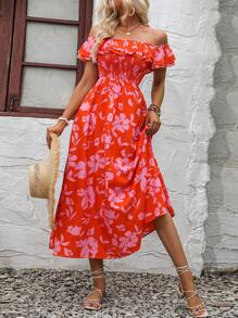 Breezaya Floral Print Off Shoulder Ruffle Trim Dress - Burnt Orange - View 6
