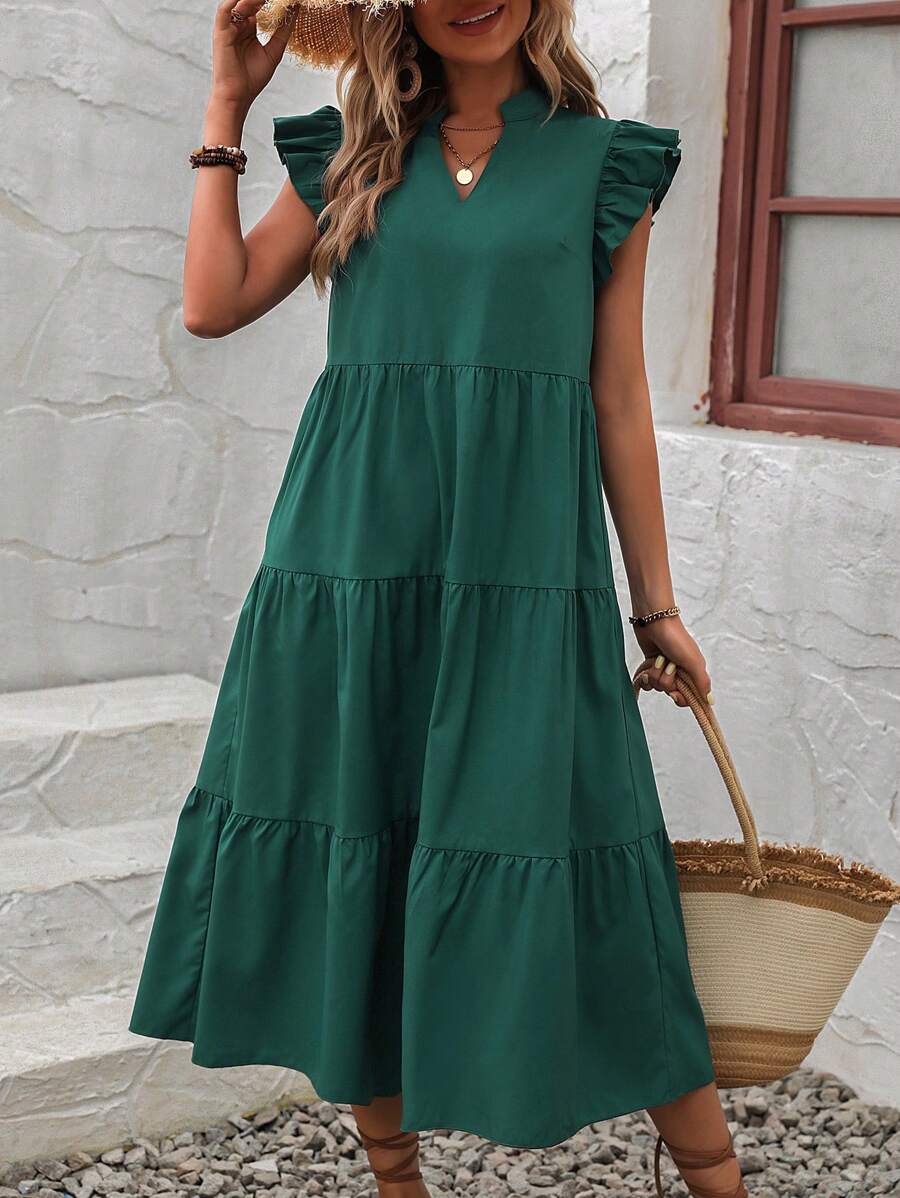 SHEIN LUNE Vestido amplio hasta los tobillos con escote en pico, cuello con volantes y efecto smock para mujer - Verde - Ver 1