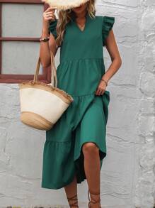 SHEIN LUNE Vestido amplio hasta los tobillos con escote en pico, cuello con volantes y efecto smock para mujer - Verde - Ver 5