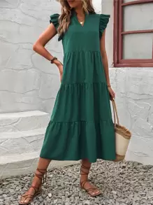 SHEIN LUNE Vestido amplio hasta los tobillos con escote en pico, cuello con volantes y efecto smock para mujer - Verde - Ver 6