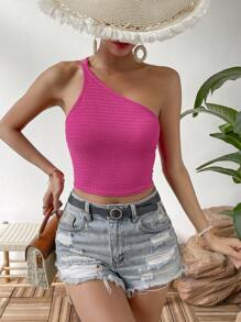 Chiquease 雙色後背繫帶單肩短款上衣 - 玫紅色 - 查看 3