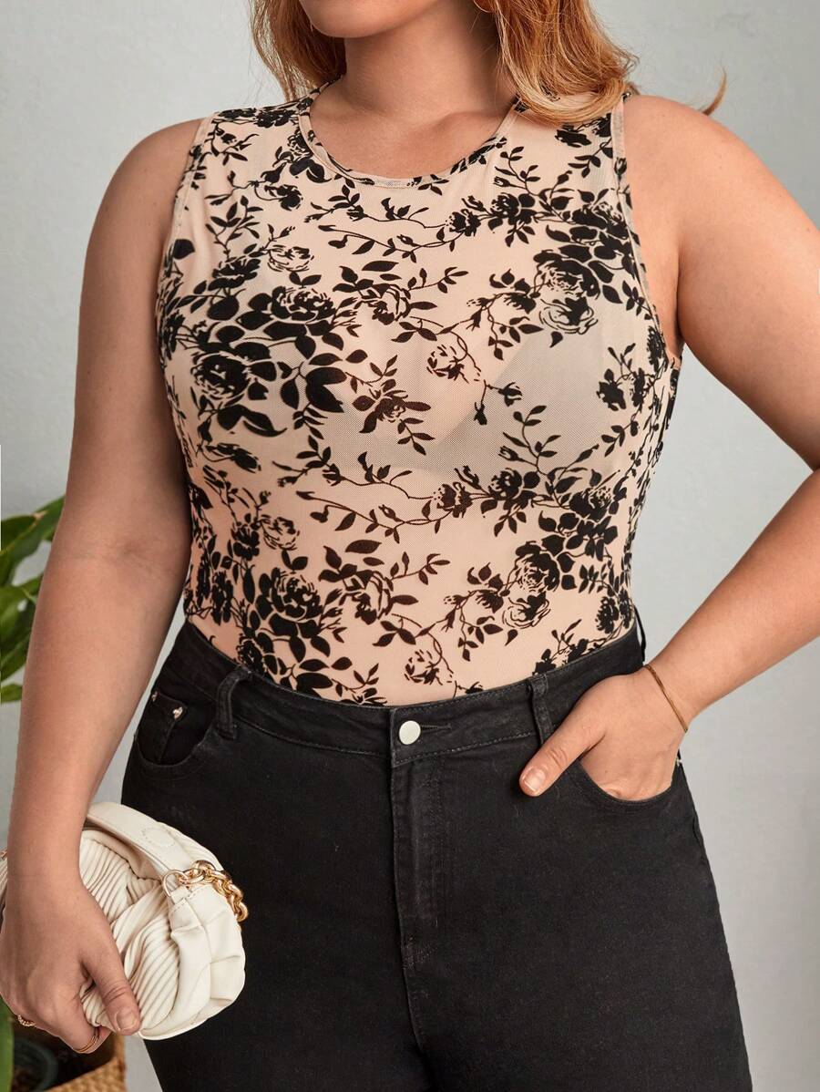 SHEIN Privé 大碼印花網紗背心上衣不附文胸 - 彩色 - 查看 1