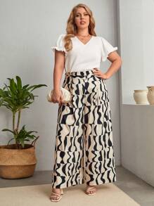 SHEIN Privé Pantalones con estampado de pierna ancha con cinturón - Multicolor - Ver 3