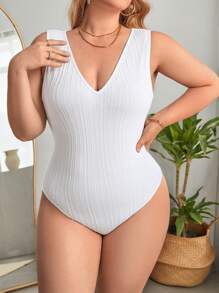 SHEIN Essnce Plus Solid Tank Bodysuit - White - View 1
