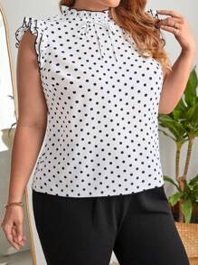 SHEIN Clasi Plus Polka Dot Print Ruffle Trim Blouse - White - View 4