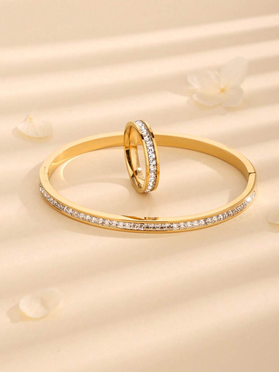 2pcs Fashion Gold-Tone Rhinestone Bracelet & Ring Set, Popular & Creative - Gold - View 1