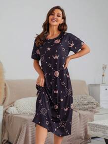 卡通和星星印花睡裙 - 黑色 - 查看 1