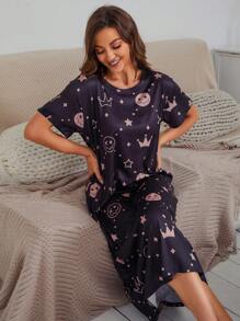 卡通和星星印花睡裙 - 黑色 - 查看 4