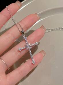 1pc Glamorous Cubic Zirconia Cross Charm Chain Choker For Women For Daily Decoration - Silver - View 2
