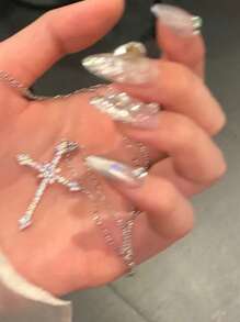 1pc Glamorous Cubic Zirconia Cross Charm Chain Choker For Women For Daily Decoration - Silver - View 3