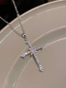 1pc Glamorous Cubic Zirconia Cross Charm Chain Choker For Women For Daily Decoration - Silver - View 4