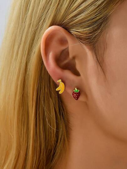2對/套時尚草莓和香蕉設計耳釘適合女士日常裝飾