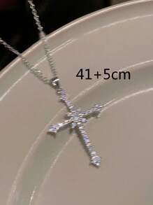 1pc Glamorous Cubic Zirconia Cross Charm Chain Choker For Women For Daily Decoration - Silver - View 5