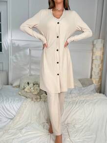 素色吊帶上衣和褲子和長袍家居套裝