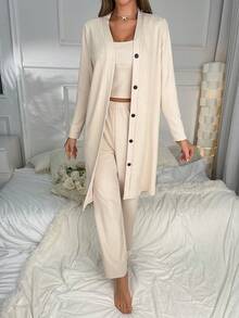 素色吊帶上衣和褲子和長袍家居套裝