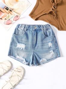 Chicas Shorts mezclilla desgarro bajo crudo - Lavado ligero - Ver 1